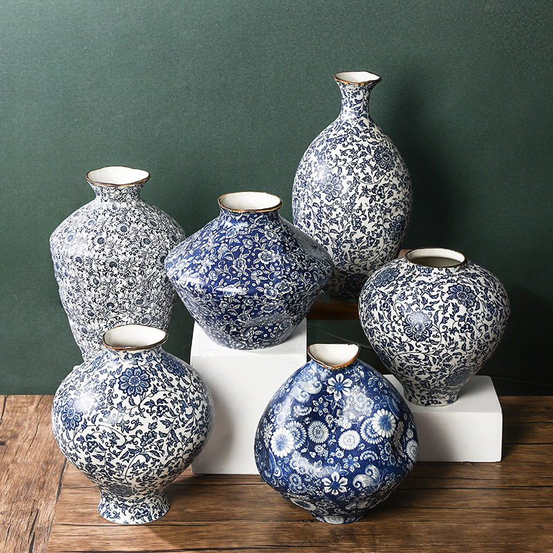 Quiet Wind Zen Decorations Ornaments Crude Pottery Bottle Jingdezhen Ceramic Vase Blue and White Porcelain Vintage Pottery Pot Hydroponic