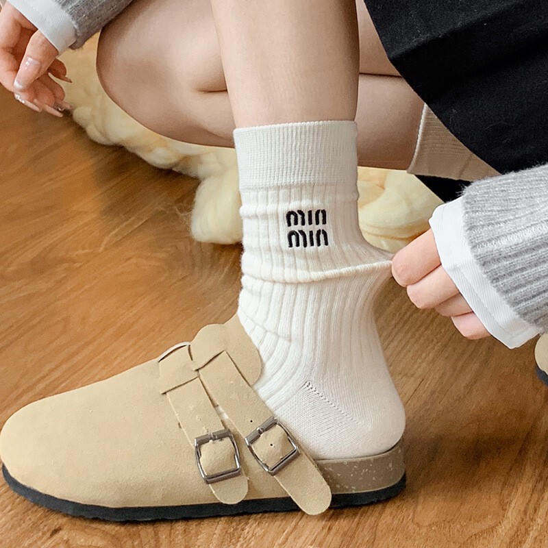 Women's Miu-Style Slouch Socks, Pure Cotton, Seamless, Sweat-Absorbent, Odor-Resistant, Versatile for Spring and Autumn, Trendy Internet-Famous Style, Full Cotton Mid-Calf Socks
