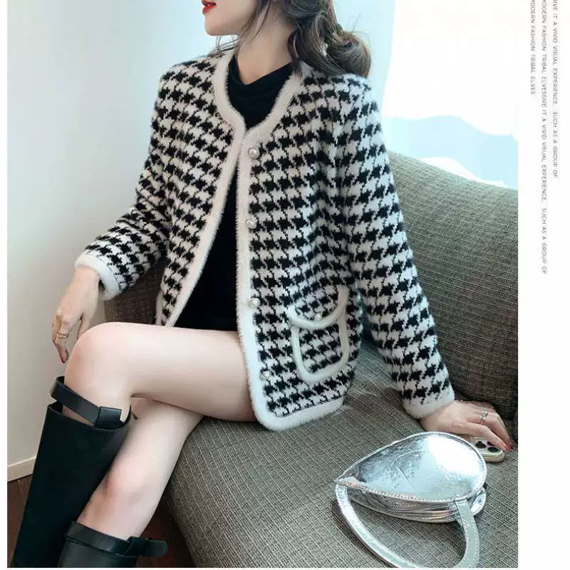 Осенний бархатный короткий жакет, вязаный кардиган, стиль Chanel, искусственный мех