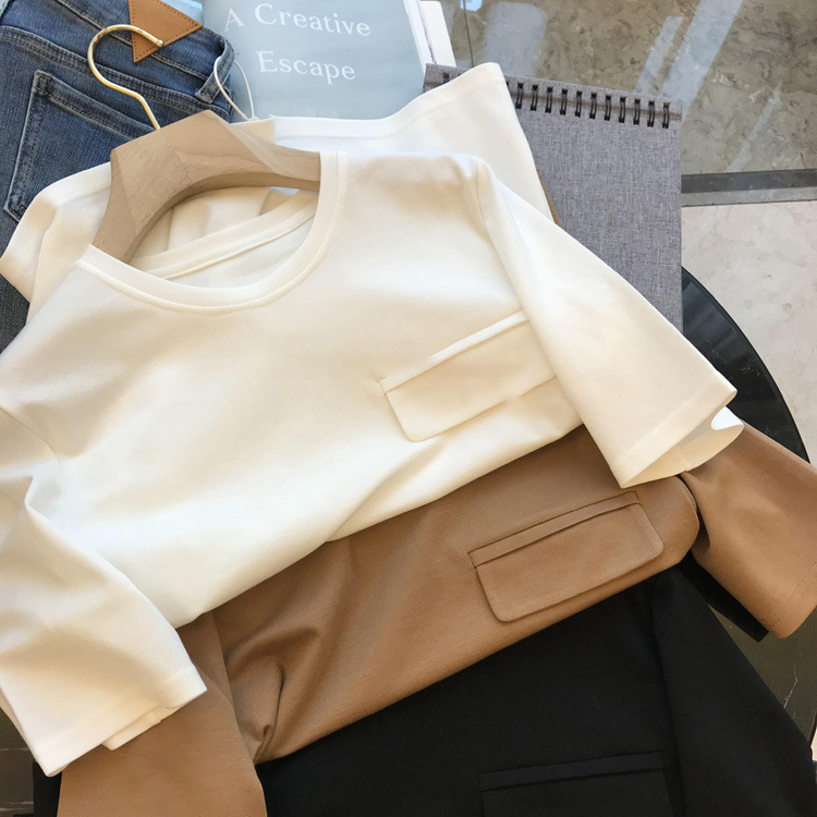 in stock spring and autumn collocation basic paragraph! Fake Pocket Simple Fashionable Solid Color Round Neck Short-sleeved T-shirt Top Women in stock spring and autumn collocation basic paragraph! Fake Pocket Simple Fashionable Solid Color Round Neck Short-sleeved T-shirt Top Women