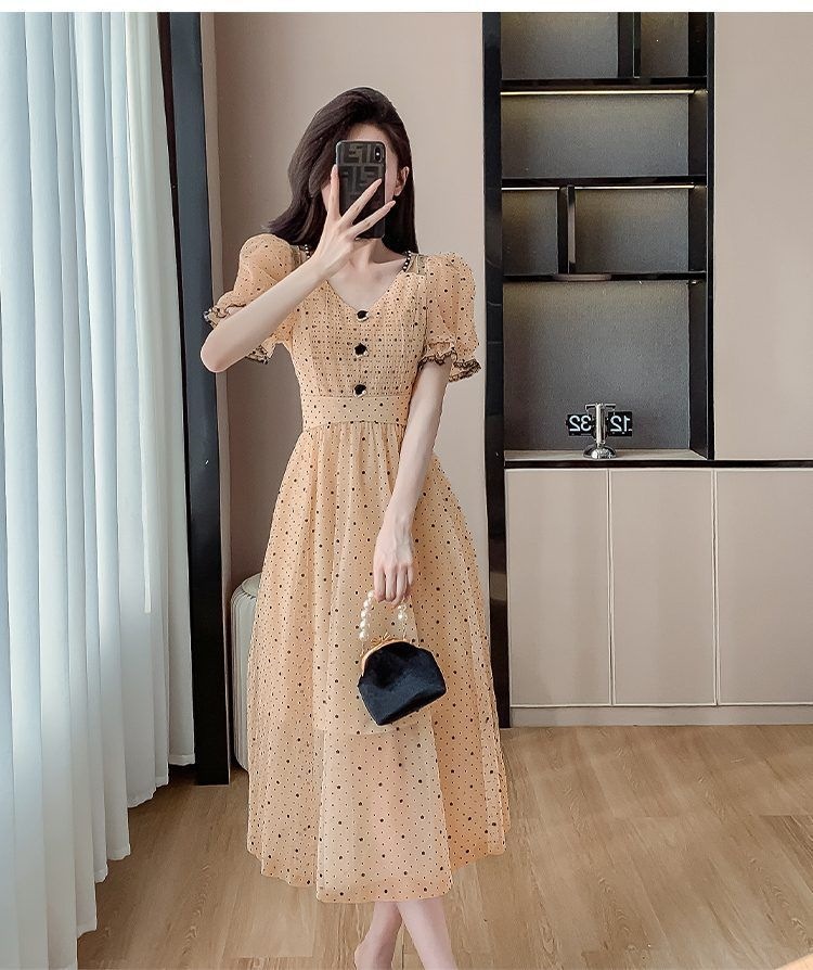 Váy maxi nữ thắt eo chất liệu lưới sóng chấm bi phong cách Pháp — 2808 màu đỏ, 2808 màu vàng, #2290#Quần áo chi tiết 8