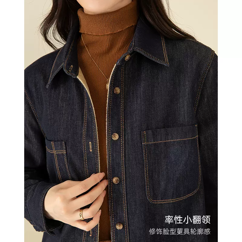 鑫阁加绒加厚牛仔衬衫女装新款冬季原色上衣叠穿内搭打底衬衣外套