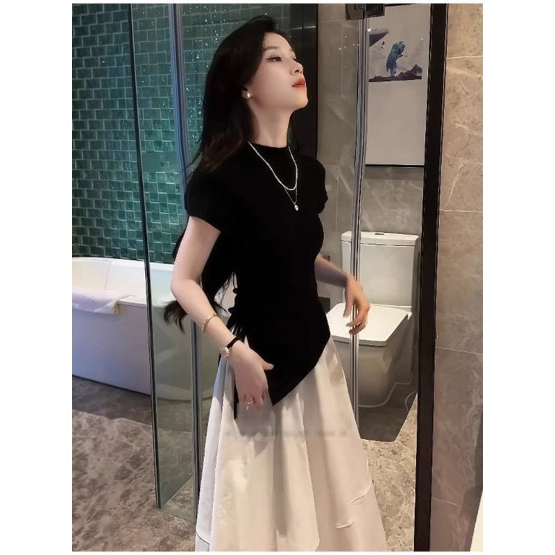 2025夏季新款气质冰丝毛针织衫女短袖设计感收腰修身显瘦百搭上衣|undefined