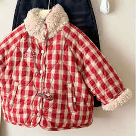 宝宝冬季棉服女童2025新款加绒加厚洋气格子外套儿童百搭保暖棉衣