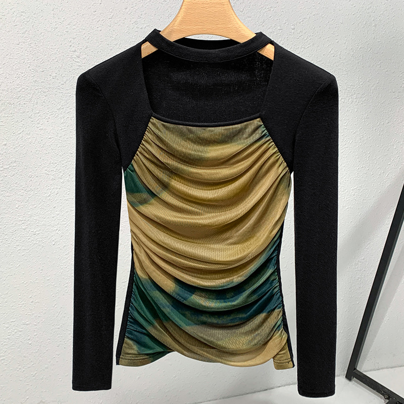 Camisa de fondo de malla para mujer 2023 nuevas mujeres retro cuello cuadrado teñido con costuras de manga larga Camiseta elástica interior superior