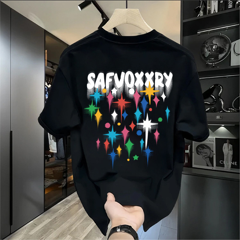 Abbigliamento estivo da uomo, camicia bianca pesante da uomo, con fondo bianco puro, mezza manica, maglietta nera con stampa cartoon_voghion.com