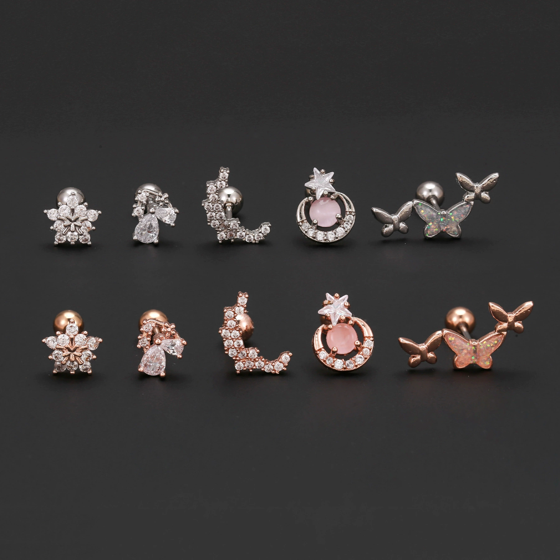 Spicy girl super cool mosaic vermiculite geometric super glittering ears rotten oil drip animal butterfly ear bone bone nail nail ear decoration wholesale