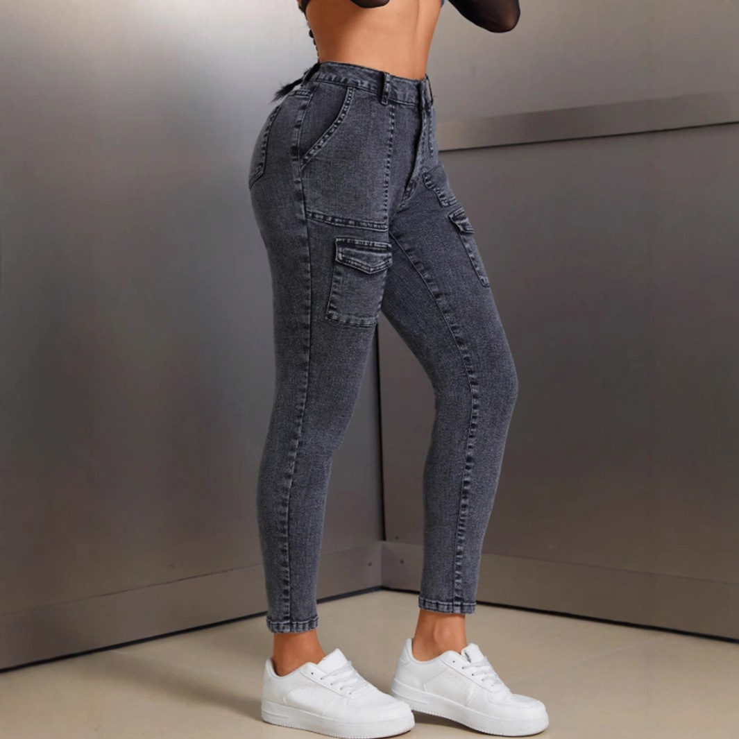 Women's High-Waisted Hip Lifting Skinny Jeans 15706# Elastic Denim Relaxed Everyday Wear Comfortable Feshion_ecoleips.com