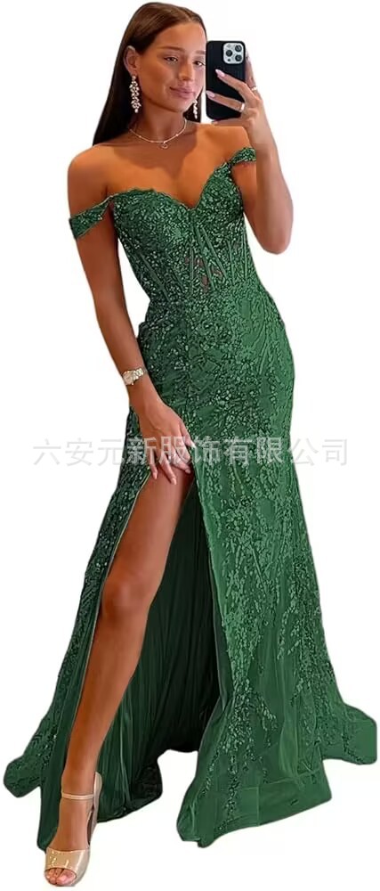Comercio exterior europeo y americano Amazon hombro abierto vestido de baile largo de diafragma de encaje decal de mujer vestido de noche de cola de pescado