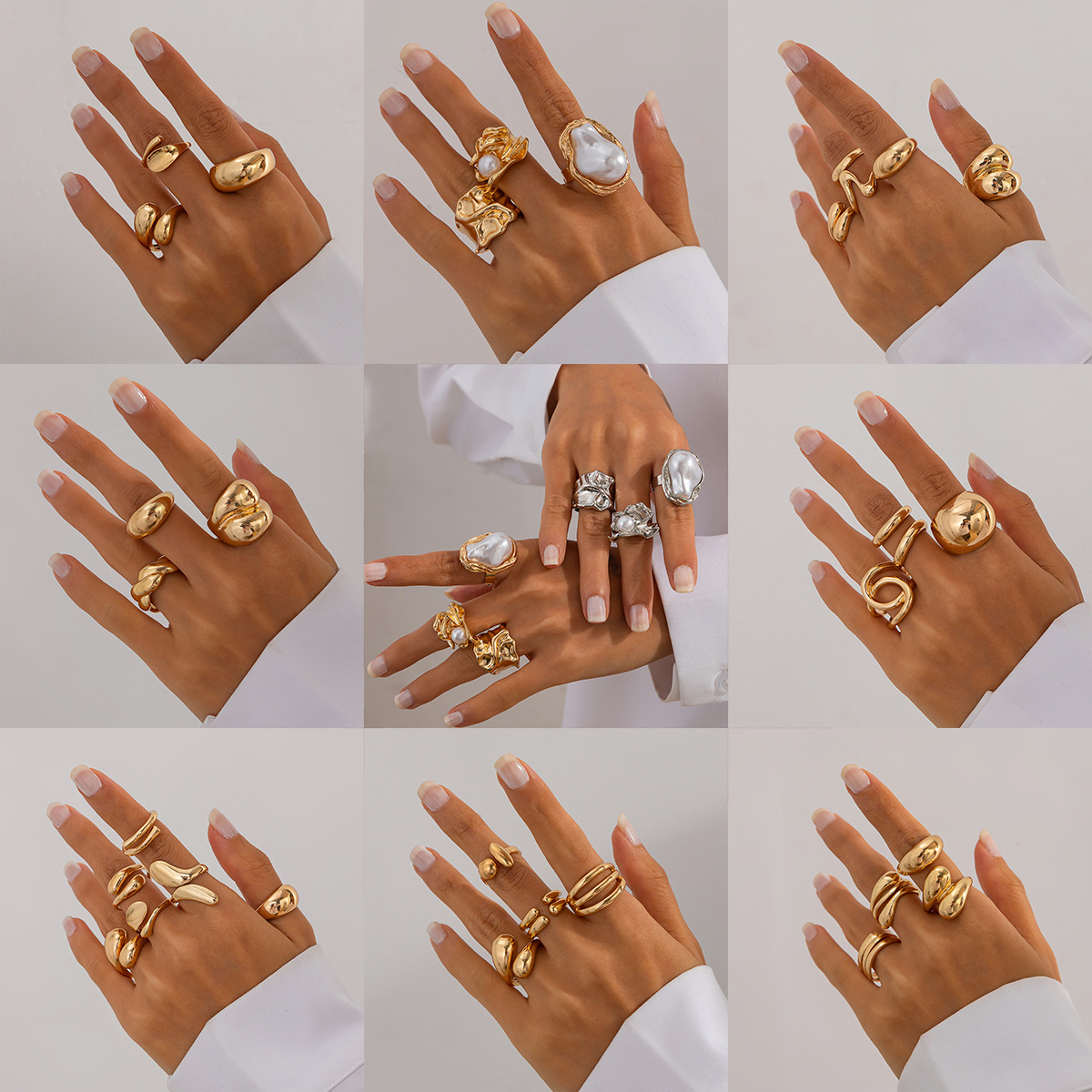 Conjunto de anillo de perlas barrocas geométricas de estilo dulce y fresco transfronterizo europeo y americano, anillo brillante de metal líquido personalizado