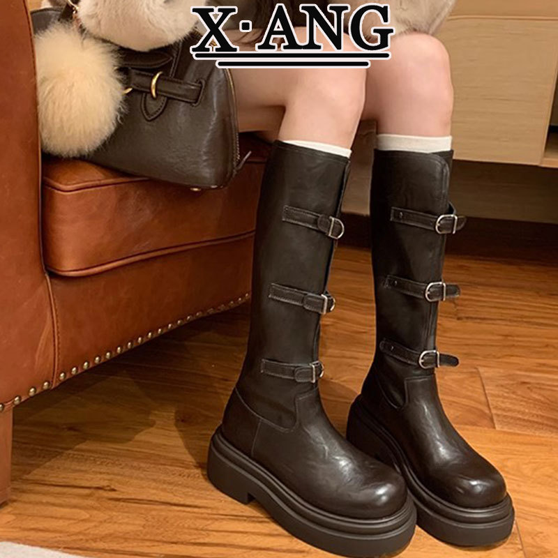 真皮不过膝高筒靴子女长靴2025秋季新款粗跟厚底增高小个子骑士靴|undefined