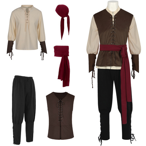 2025 New Medieval Viking Men's Pirate Costume Vests Shirts Bootcut Pants Accessory Set Foreign Trade Clothing