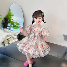 女童连衣裙夏季新款2024韩版洋气女孩宝宝泡泡袖立体花仙子公主裙