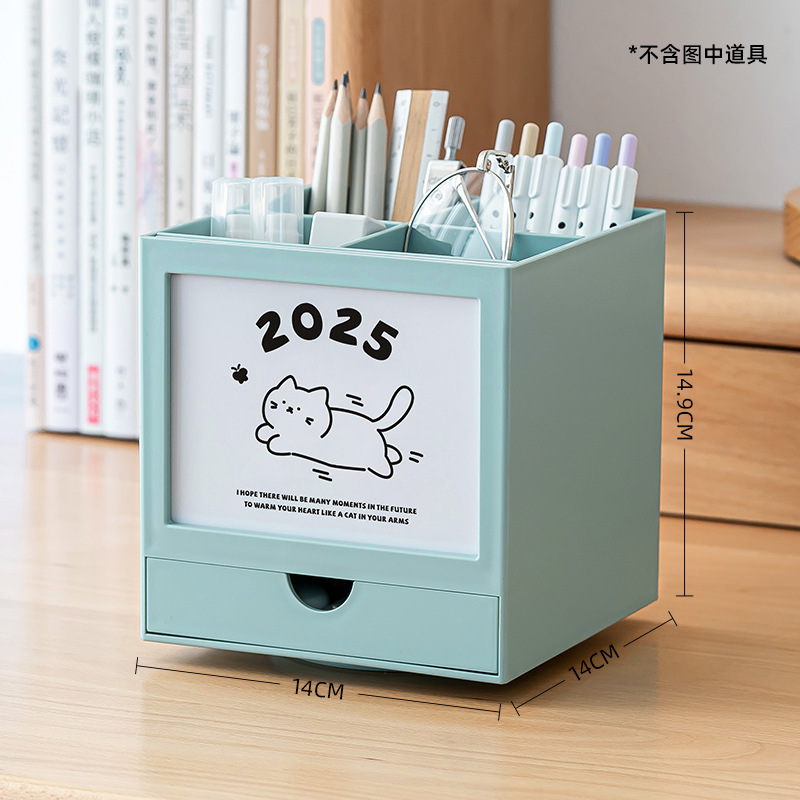 時代良品360度回転卓上カレンダー筆筒かわいい猫デスクトップ文房具収納ケース多機能卓上カレンダー|undefined