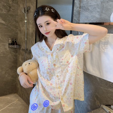 2026夏季小清新韩系纯棉睡衣三件套女蕾丝温柔透气家居服翻领外穿