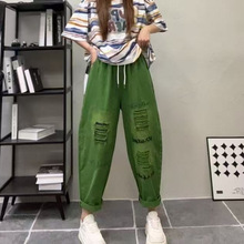 撞色刺绣字母破洞牛仔裤女2025秋季新款宽松个性潮流休闲哈伦裤