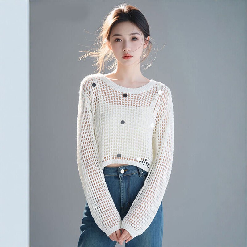 2026 Summer Round Neck Loose Hollow-Out Blouse Women's Short Base Shirt Top Fashion Knitwear Thin Sequin Top 2026 Summer Round Neck Loose Hollow-Out Blouse Women's Short Base Shirt Top Fashion Knitwear Thin Sequin Top