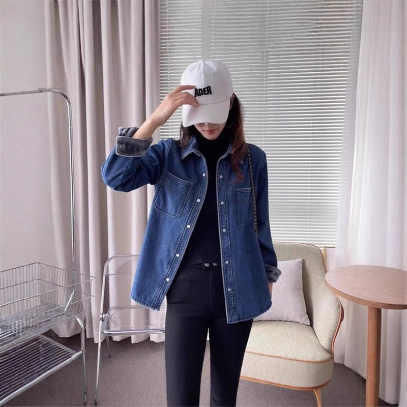 dark blue Vintage Denim Shirt Women's fleece-lined Layover Wear 2024 Autumn and Winter New Thickened Hong Kong-style Soft Top