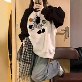 撞色插肩圆领卫衣女秋冬加绒加厚宽松oversize小个子美式无帽上衣