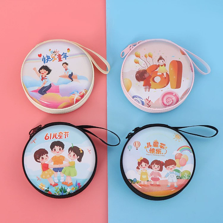Round tinplate coin purse, zipper with chain, cartoon print, compact 7×7×3 cm
