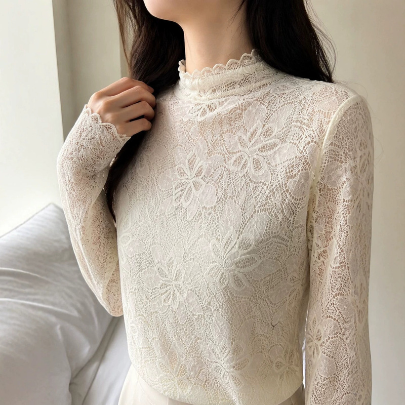 Korean-style ruffled half-high collar lace top for women, gentle jacquard texture, stretchy, slimming, suitable for layering, autumn base shirt Korean-style ruffled half-high collar lace top for women, gentle jacquard texture, stretchy, slimming, suitable for layering, autumn base shirt
