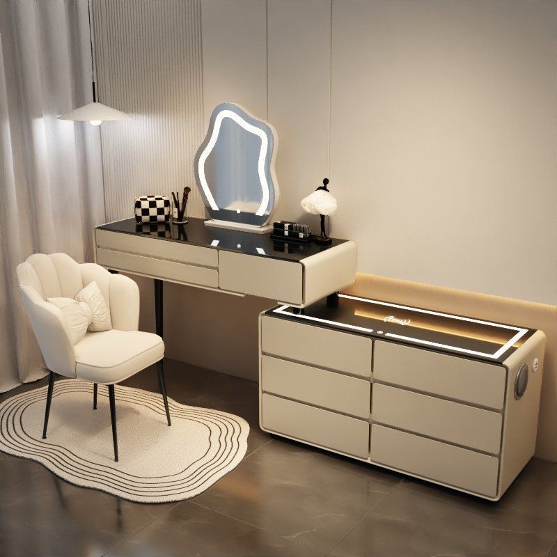 카키 그레이 6단 서랍 스마트 모델 - 올 원목 100 테이블 + 캐비닛 + 구름거울 + 꽃잎 의자