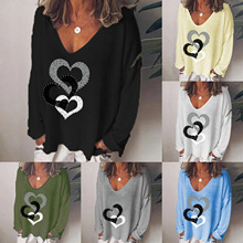 2025春季新款热卖 eBay亚马逊wish热销V领长袖T恤女 创意爱心印花