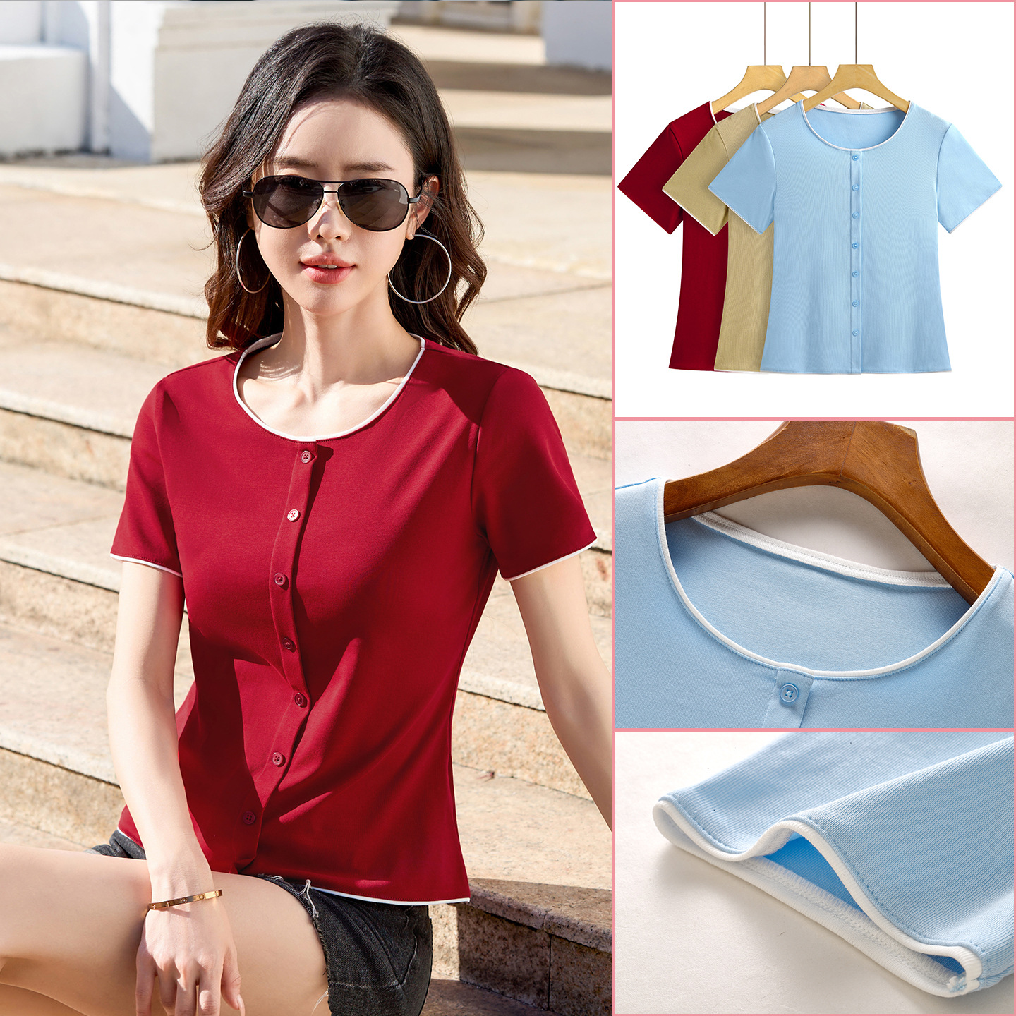 2026 Short-Sleeved Women's T-Shirt New Style Contrast Color Button Shirt Cotton Casual Top Round Neck Right Shoulder Outer Wear Women's Clothing 337