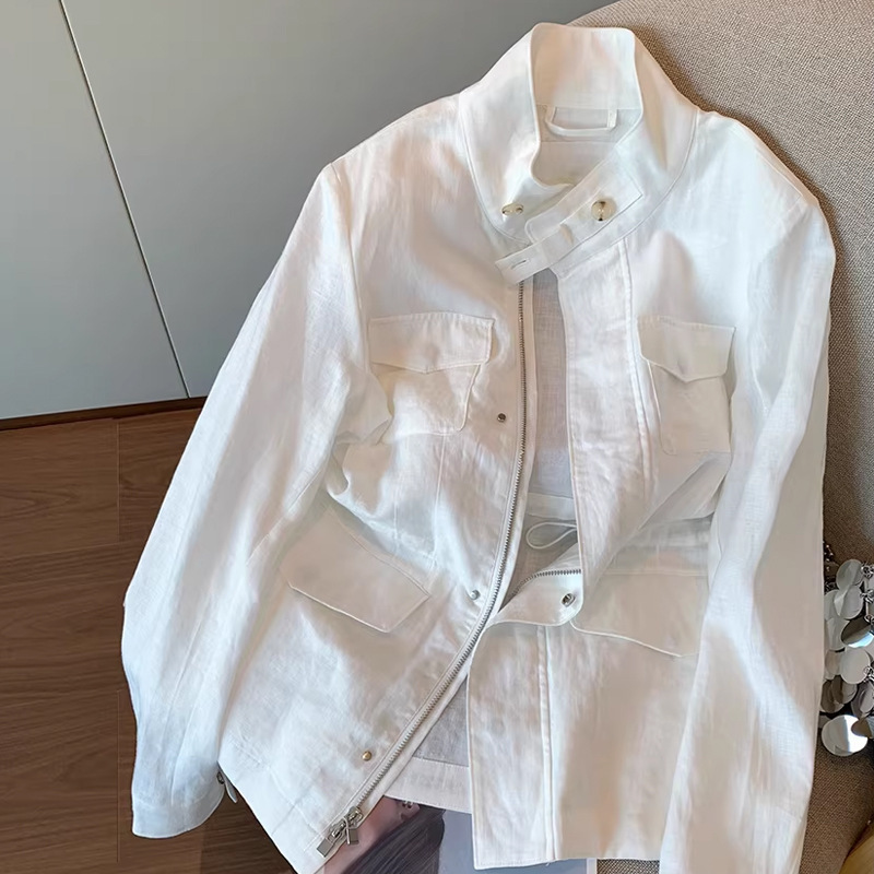 Old Money Style White Stand-Collar Waist-Cinching Linen Shirt Jacket for Women, 2026 Spring New Model, Elegant and Versatile, Age-Reducing Top