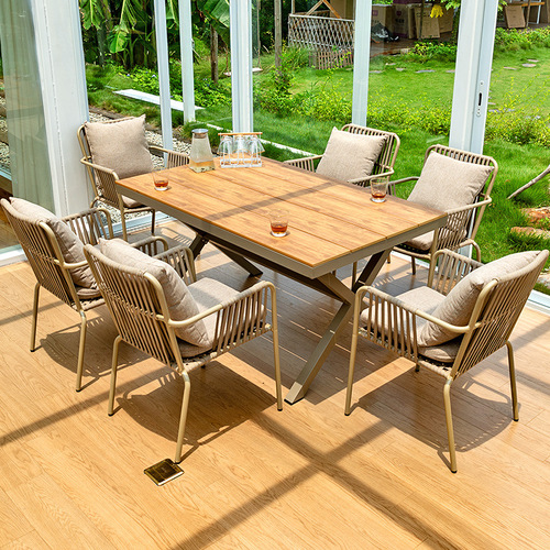 Outdoor table and chair courtyard anti-corrosion wood garden outdoor open-air café outdoor plastic long table set factory direct sales