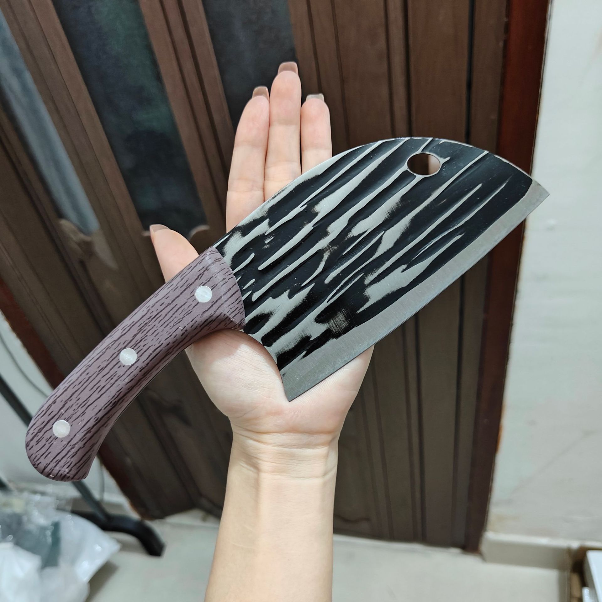 Cuchillo de cocina forjado a mano para el hogar, cuchillo de corte de carne de cocina, corte afilado, cuchillo de cabeza de pez con patrón de martillo de doble uso, cuchillo de anciano