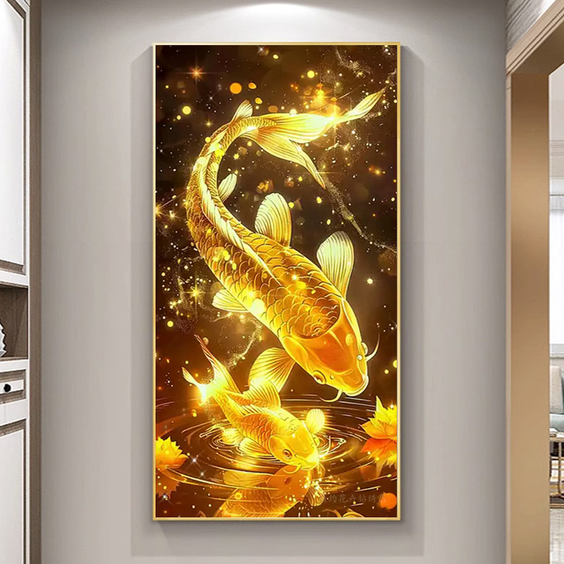 Golden Wealth Koi Fish Art Painting Home Hallway Luxury Decor Modern Wall Art Fish Mural Painting Office Living Room Lucky Arts Picture Decoration Gift