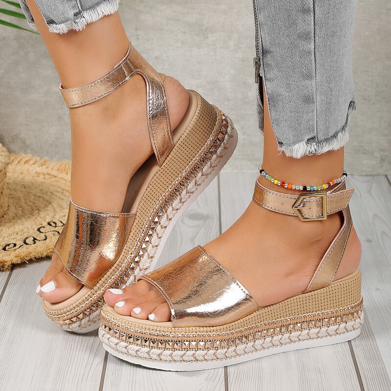 in stock 2024 Summer New plus size Fish-mouth Buckle Wedge Sandals Women's Fashionable Comfortable Thick Sole Women's Sandals