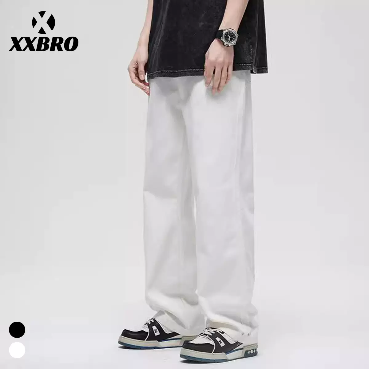 xxbro#美式高街白色全棉牛仔裤宽松直筒夏季薄款潮牌vibe阔腿长裤