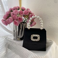 復古晚宴絲絨珍珠水鑽小方包閃亮鑲鑽鑽石翻蓋凱莉包手拿斜挎包女