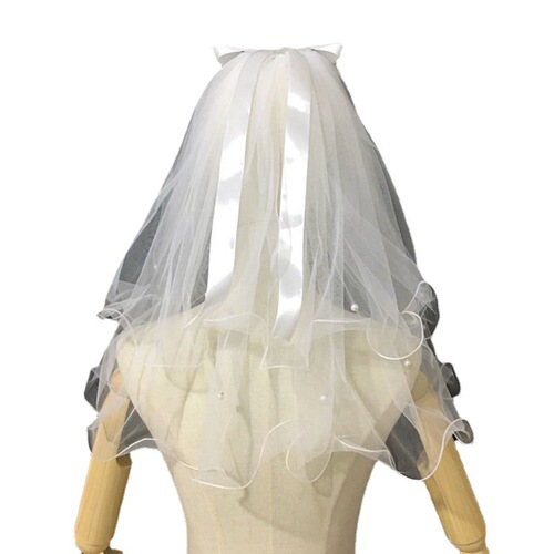 Bride with loose hair, double-layered pearl ribbon bow veil, curly edge, internet celebrity photo-taking headgear, children's luminous veil