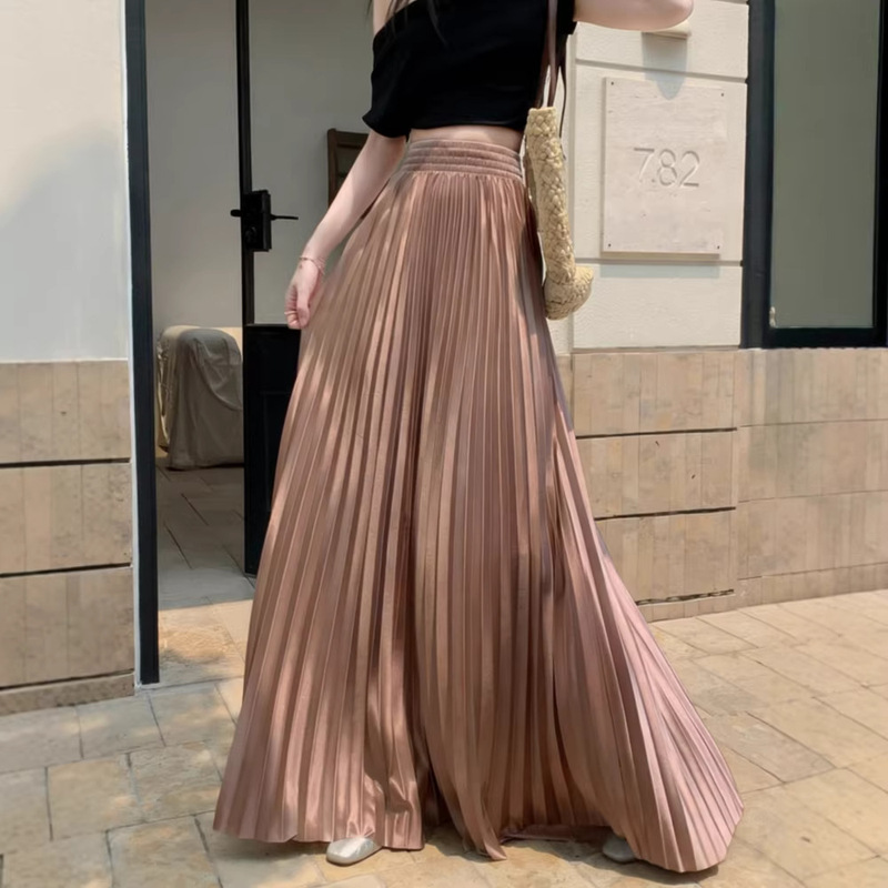 Amazon Aliexpress Hot-Selling 1m Long Skirt High-Waisted Pearlescent Satin Solid Color Flared A-Line Umbrella Pleated Skirt