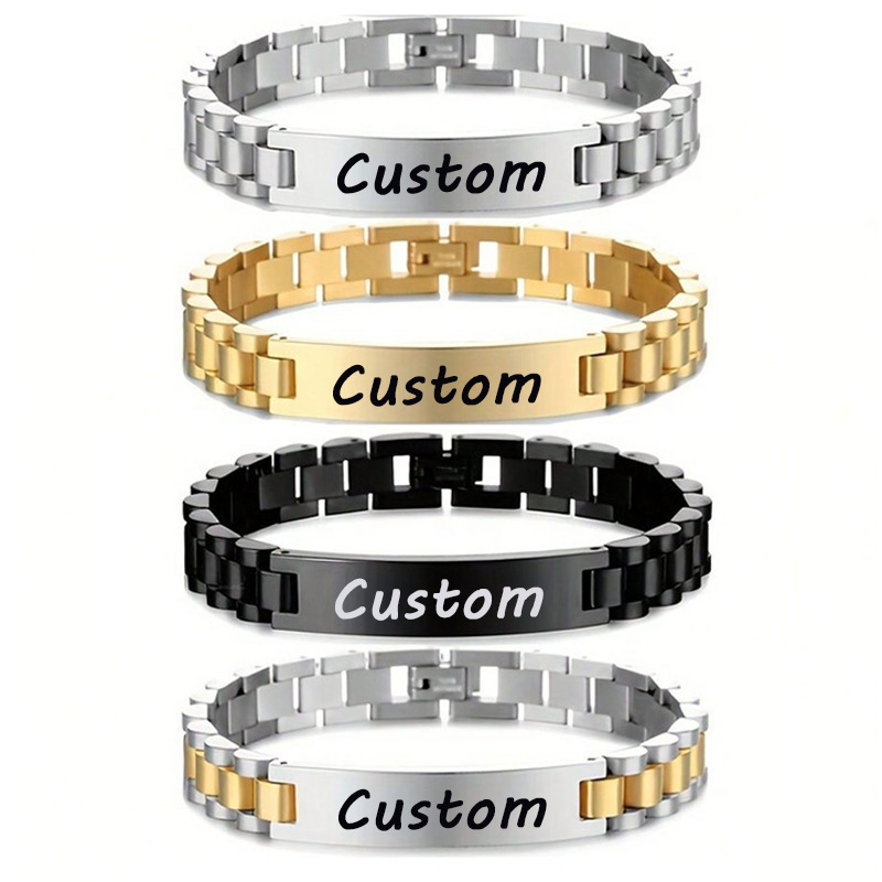 Cross-Border Popular Stainless Steel Watch Strap Bracelet with Custom Name Laser Engraving DIY Letters Personalized Titanium Steel Watch Chain Cross-Border Popular Stainless Steel Watch Strap Bracelet with Custom Name Laser Engraving DIY Letters Personalized Titanium Steel Watch Chain