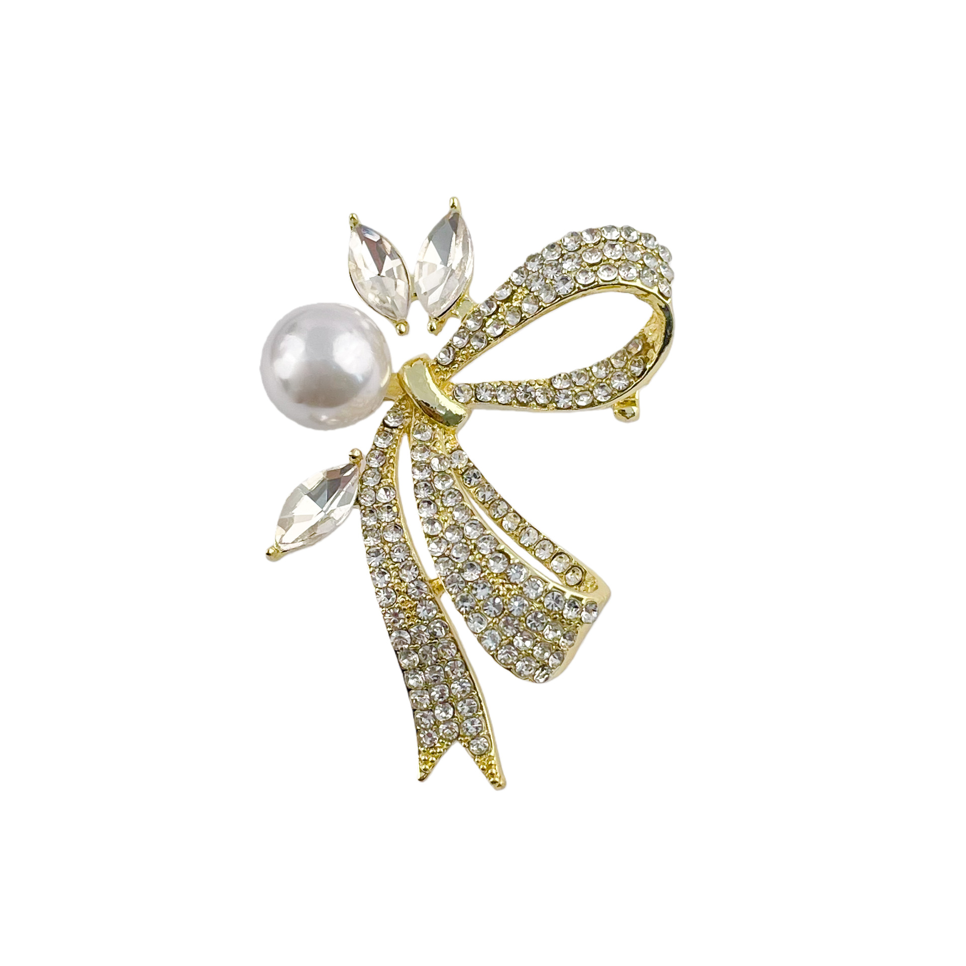 Exquisite Pearl Brooch With Diamond Bow Elegant Women Accessory_voghion.com