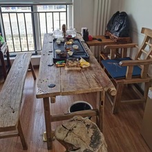 老榆木茶桌庭院复古风化茶板桌实木桌椅组合餐桌阳台茶几桌