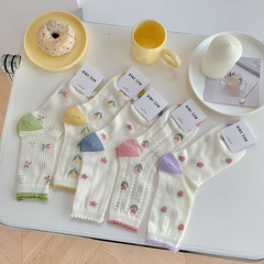 襪子女春夏新款網眼甜美可愛中筒襪薄款透氣木耳邊櫻桃水果長襪