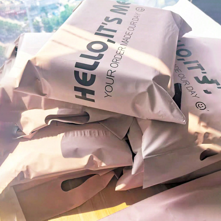 Bolsa de mensajería rosa con impresión a doble cara, bolsa de embalaje de ropa gruesa, embalaje de alta calidad HELLO rosa.
