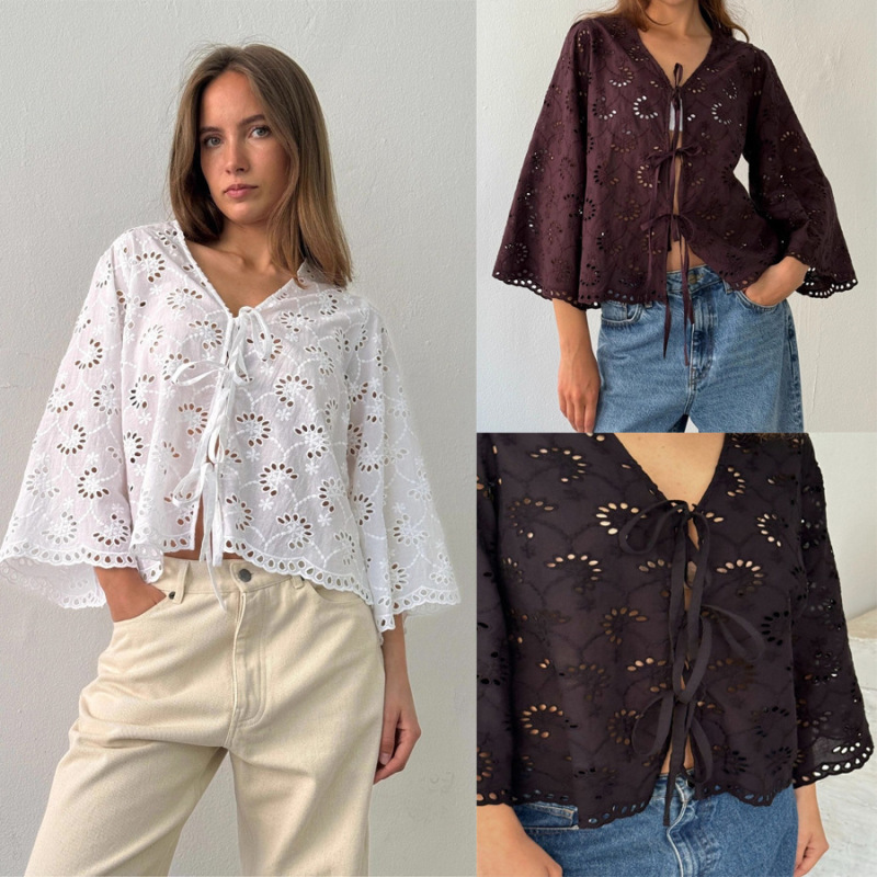 Amazon 2026 Spring European and American Women's Versatile Hollow Lace Tie Solid Color Shirt Loose Comfortable Thin Cardigan Amazon 2026 Spring European and American Women's Versatile Hollow Lace Tie Solid Color Shirt Loose Comfortable Thin Cardigan
