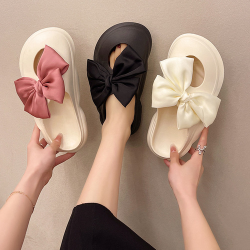 Cute Bowknot Clog Shoes Women's Summer Outdoor Wear Ins Style 2024 New Arrival Thick Sole Slip-On Closed-Toe Sandals