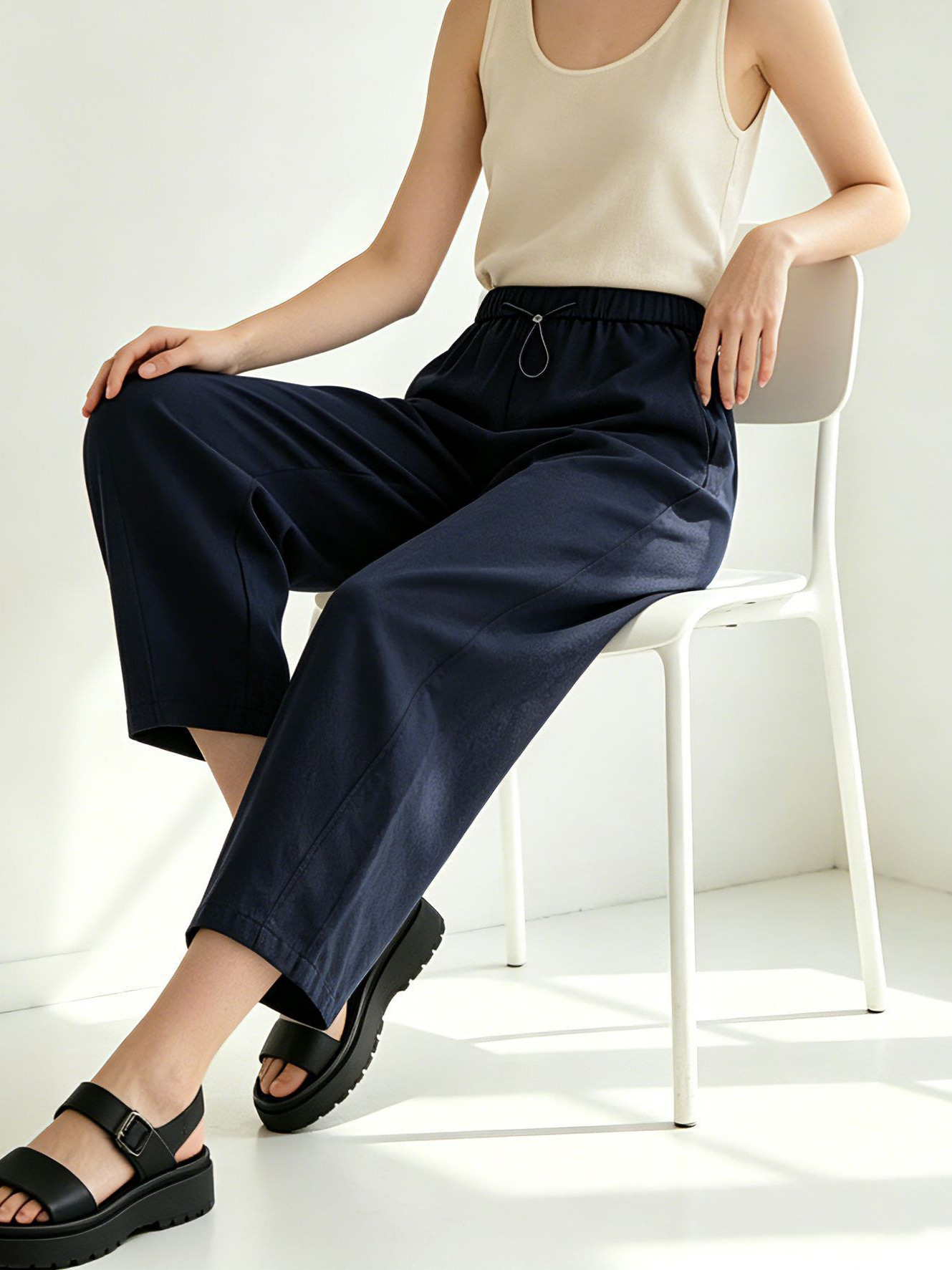 Quần culottes nữ ống rộng cạp chun rút dây dáng lười — Xanh lông mòng đen