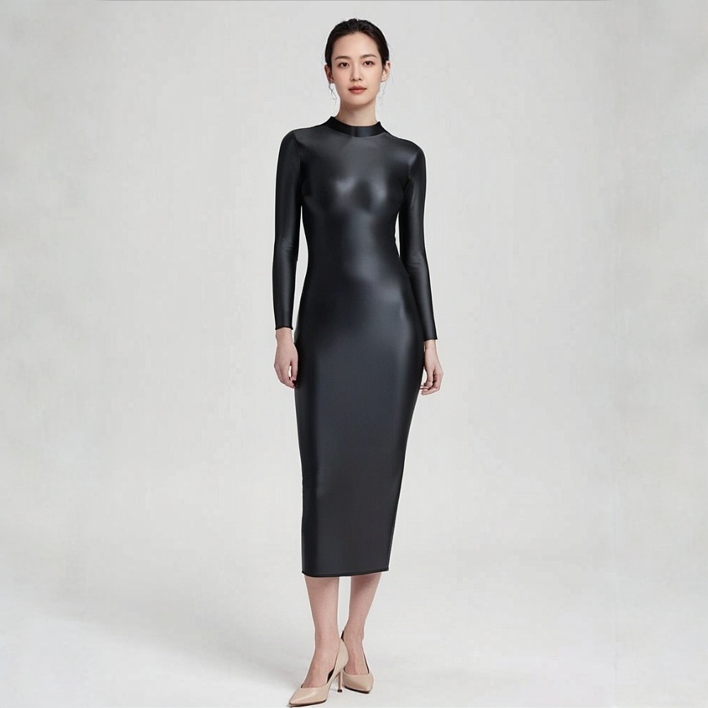 Carefully Selected Yoga Wear for Women, Glossy and Shiny, Hip-Hugging, Sexy One-Piece Dress, Stretchy and Silky, One-Step Skirt, High-Neck, Long-Sleeved