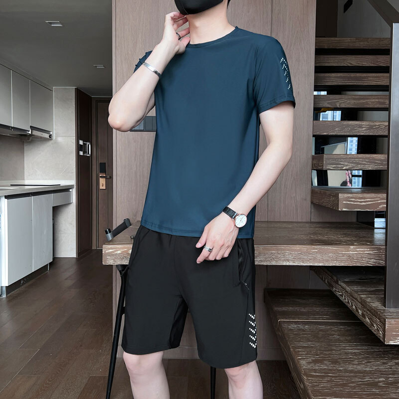Cross-border M - 7XL hombre helado set de verano grande rápido secado mangas cortas panty transpirable juego de dos piezas para correr casual