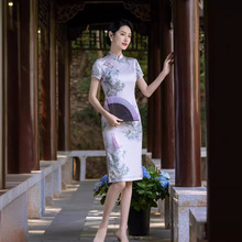 新中式水墨提花素雅气质年轻款日常中长款旗袍简约气质显瘦小清新