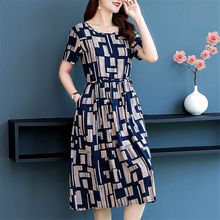 新款妈妈夏季棉绸连衣裙中老年过膝中长款大码短袖显洋气裙子
