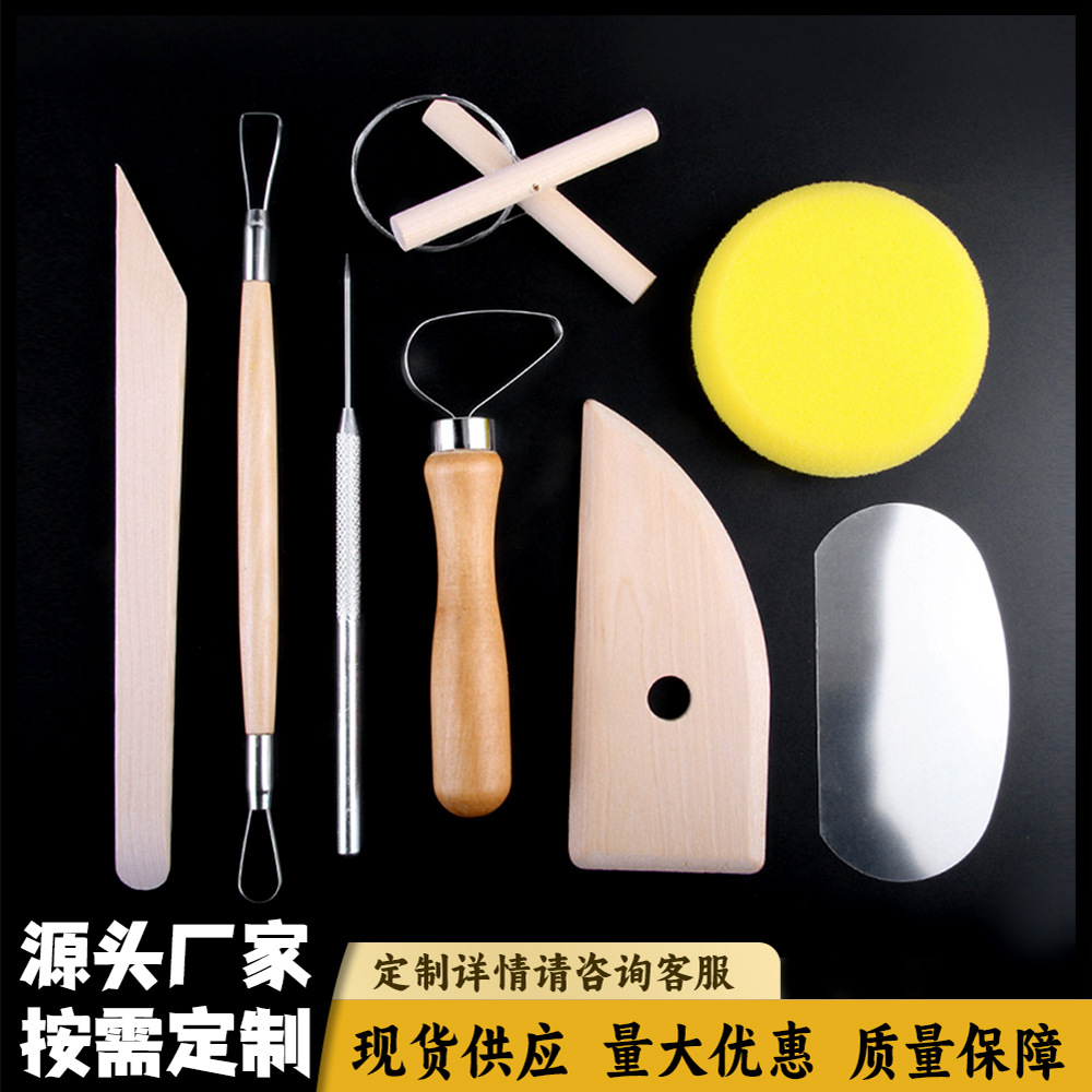 Manufacturer Wholesale Wooden Pottery Clay Sculpture 8-Piece Set Pottery Clay Carving Soft Pottery Tools Handmade Class Production Eight-Piece Set